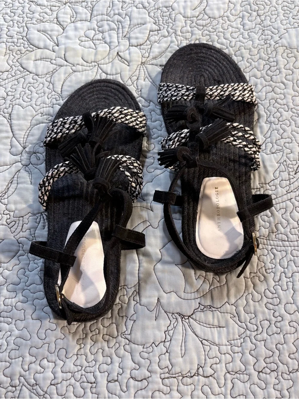 Anthropologie Fringed Rope Tassel Sandals Black White Woven Boho Sandals Sz 8💛